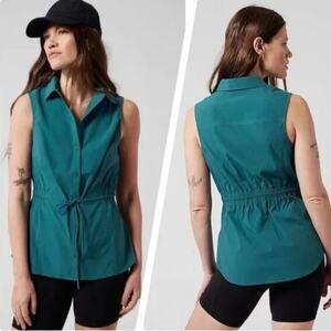 Athleta Top Womens Large Teal Levitate Poplin Tank Utility Active Travel Cinch